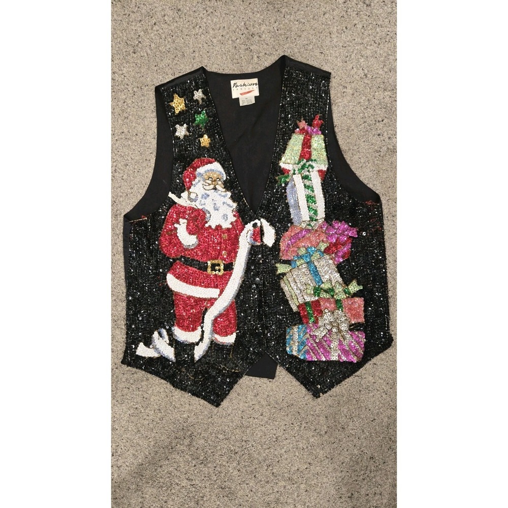Vintage 90s Fashion Fantasy Sequin Santa Christmas Vest M Presents Black Bling